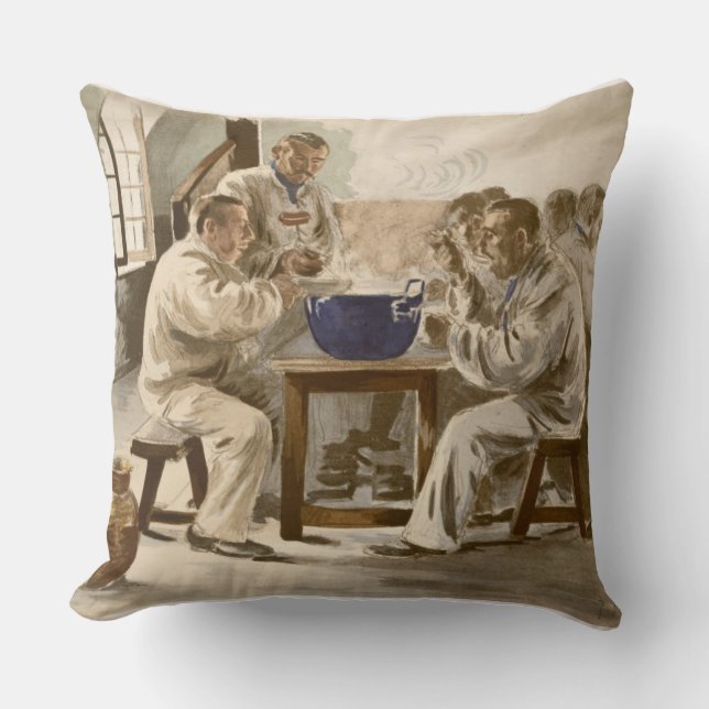 Eating Soup at the Barracks, from 'L'Estampe Moder Throw Pillow (Front)