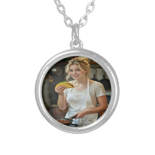 Eating Tacos Photo Personalize Customize Silver Plated Necklace