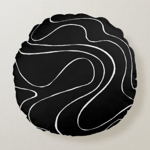Ebb and Flow 2 - Black on White Round Pillow