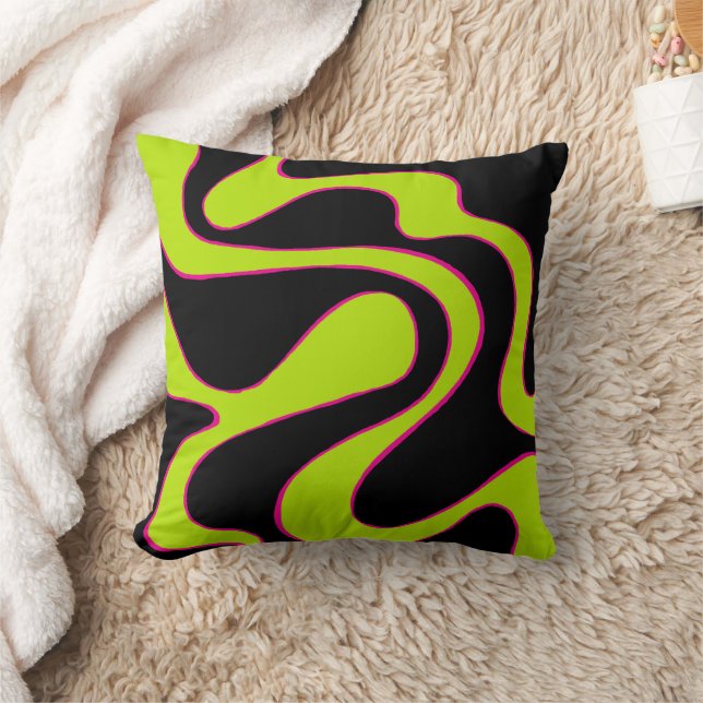 Ebb and Flow 2 in Lime Green, Hot Pink & Black Throw Pillow (Blanket)