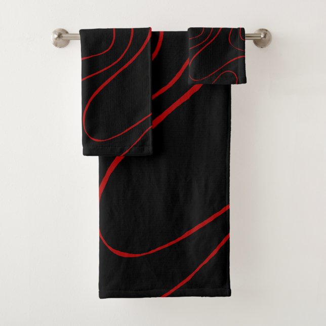 Ebb and Flow 2 in Red and Black Bath Towel Set (Insitu)