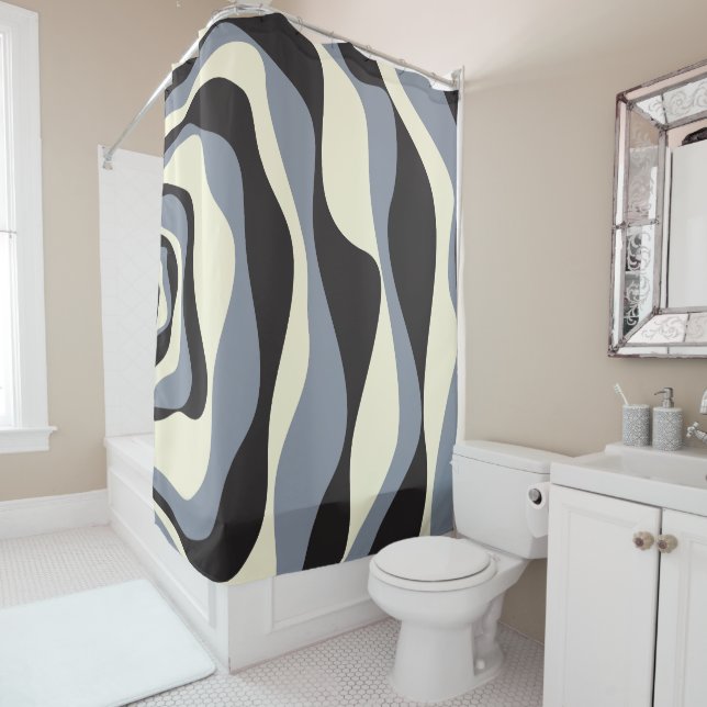 Ebb and Flow 4 in Black, Gray, and Cream  Shower Curtain (In Situ)