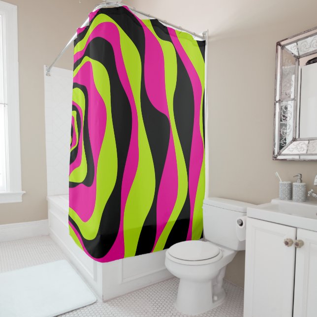 Ebb and Flow 4 in Lime Green, Hot Pink and Black Shower Curtain (In Situ)