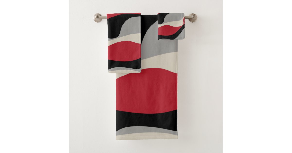 Ebb and Flow 4 Red, Grey, Black and Bone White Bath Towel Set Zazzle