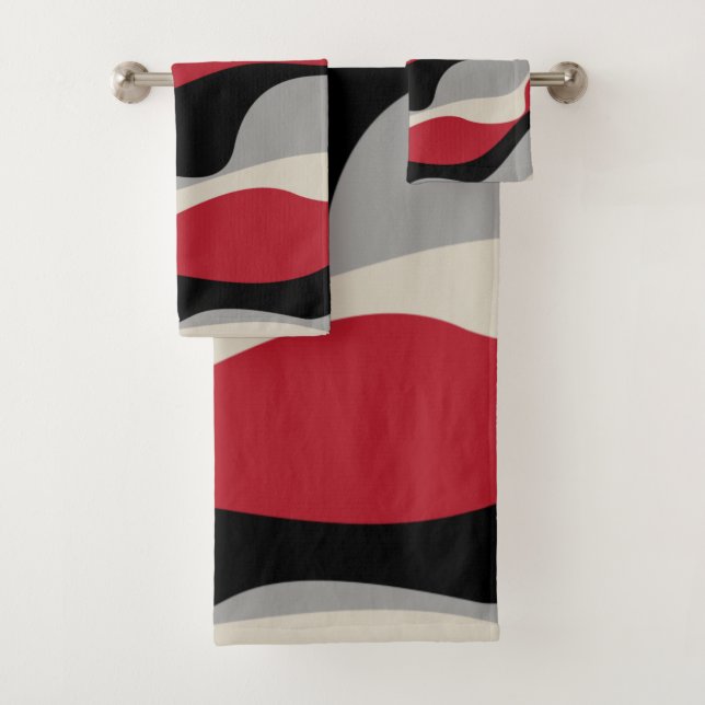 Ebb and Flow 4 - Red, Grey, Black and Bone White Bath Towel Set (Insitu)