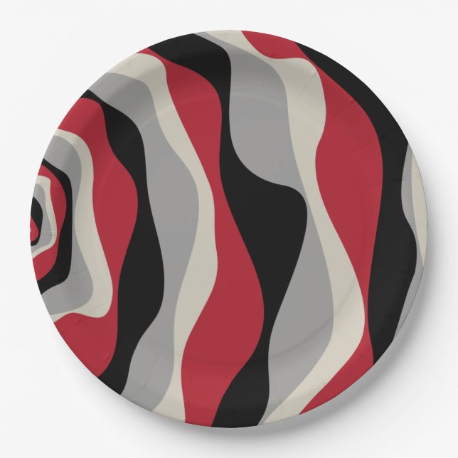 Ebb and Flow 4 - Red, Grey, Black and Bone White Paper Plates (Front)