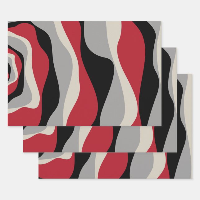 Ebb and Flow 4 - Red, Grey, Black and Bone White Wrapping Paper Sheets (Set)