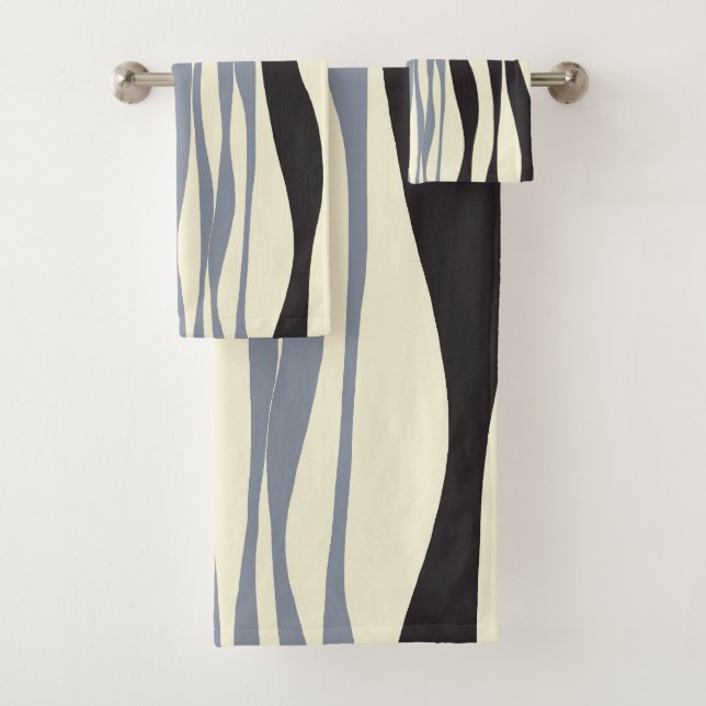 Ebb and Flow in Black, Gray and Cream  Bath Towel Set (Insitu)