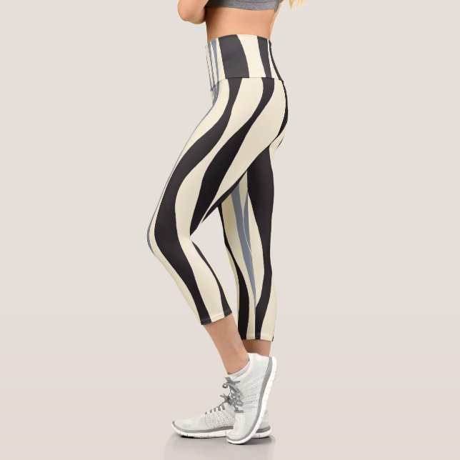 Ebb and Flow in Black, Gray and Cream  Capri Leggings (Left)