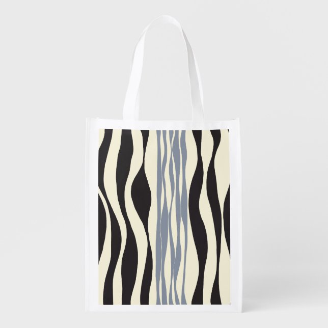 Ebb and Flow in Black, Gray and Cream  Grocery Bag (Front)