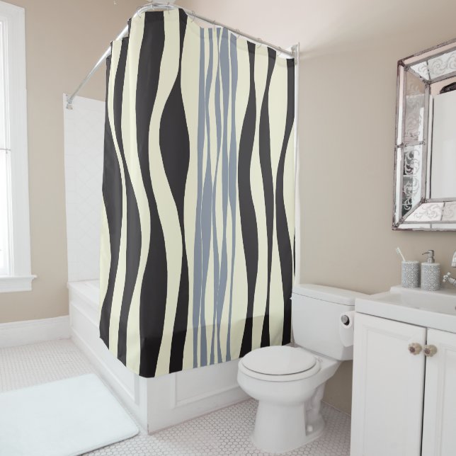 Ebb and Flow in Black, Gray and Cream  Shower Curtain (In Situ)