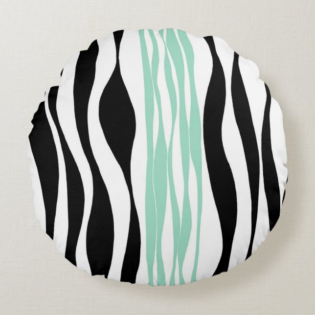 Ebb and Flow - Mint Green, White and Black Round Pillow (Front)