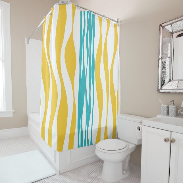 Ebb and Flow - Turquoise & Yellow Shower Curtain (In Situ)
