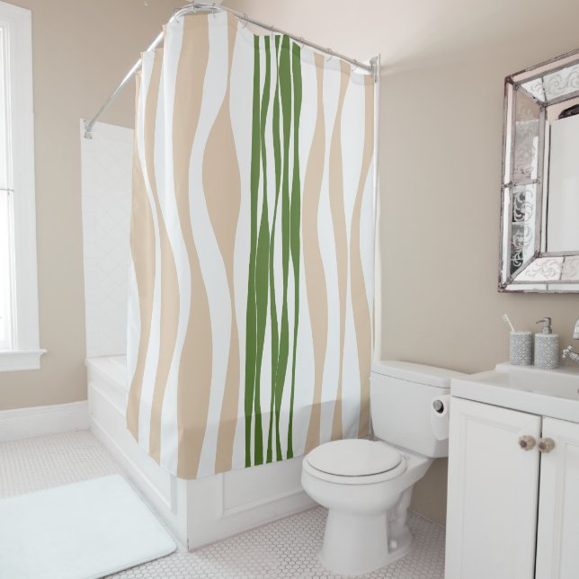 Ebb and Flow - White, Sand and Palm Green  Shower Curtain (In Situ)