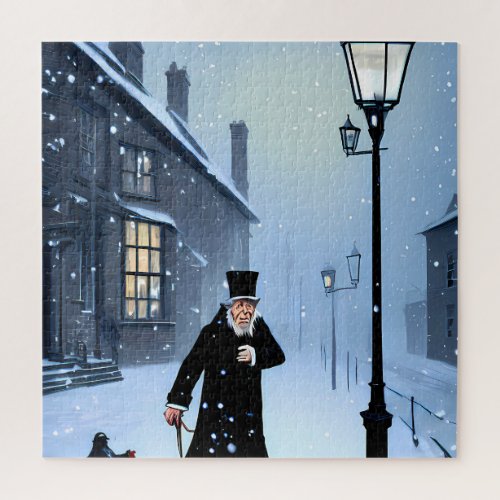 Ebenezer Scrooge Snowy Victorian Street Jigsaw Puzzle