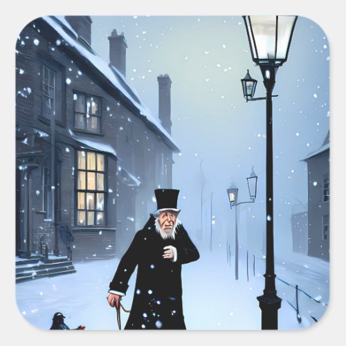Ebenezer Scrooge Snowy Victorian Street Square Sticker