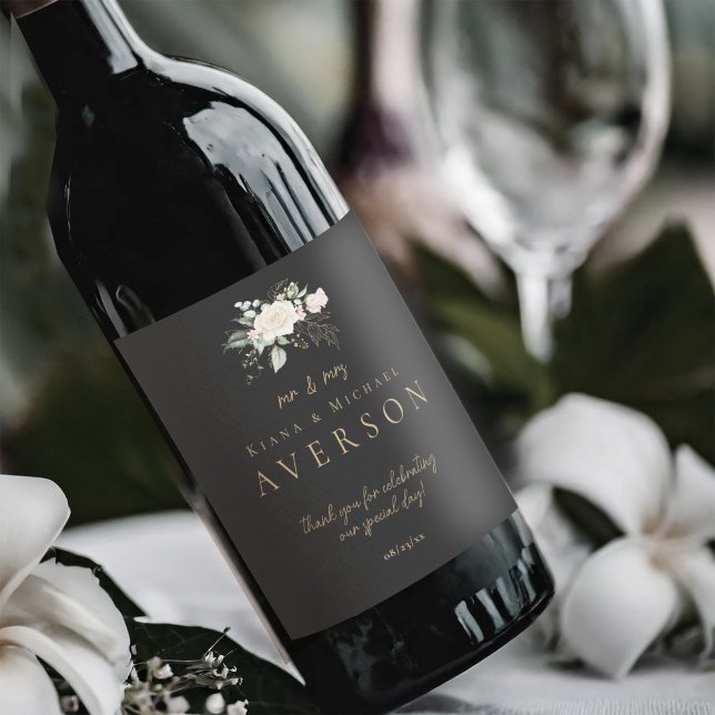 Ebony and Ivory Floral Wedding Mr & Mrs ID989 Wine Label (Creator Uploaded)