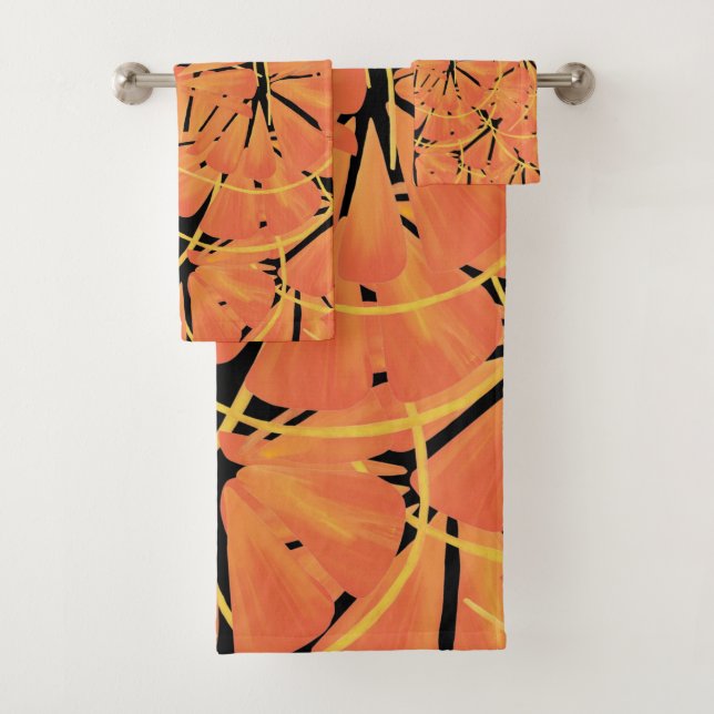 Ebony Black And Citrus Orange Tropical Art Design Bath Towel Set (Insitu)