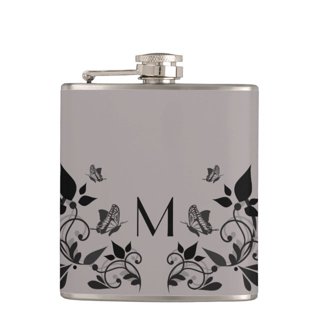 Ebony Butterfly Floral Monogram Flask (Front)