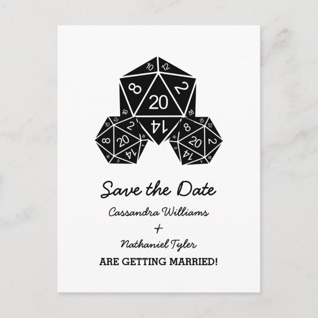Ebony D20 Dice Save the Date Postcard (Front)