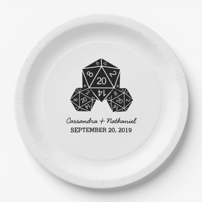 Ebony D20 Dice Wedding Paper Plates (Front)