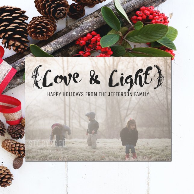 Ebony Elegant Sketched Love & Light Holiday Photo (Ebony Elegant Sketched Love and Light Holiday Photo Card)