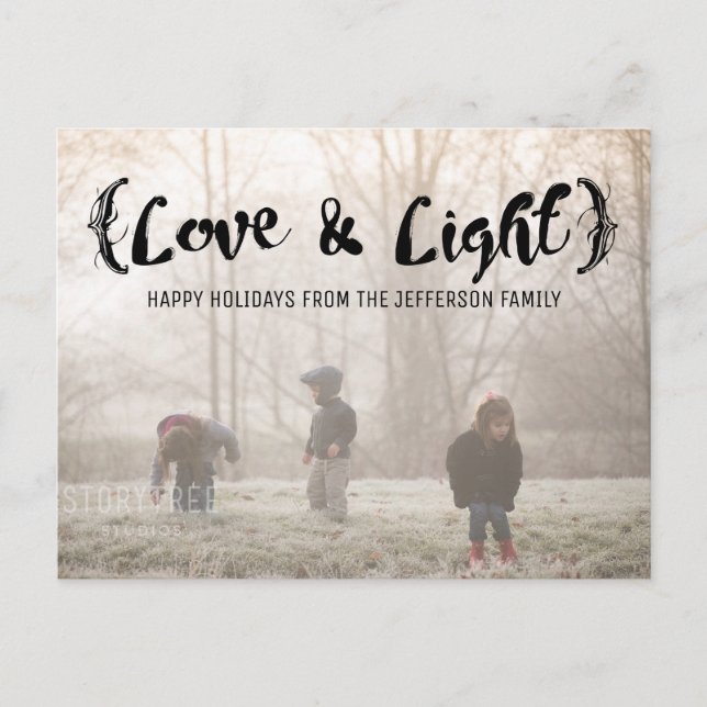 Ebony Elegant Sketched Love & Light Holiday Photo Postcard (Front)