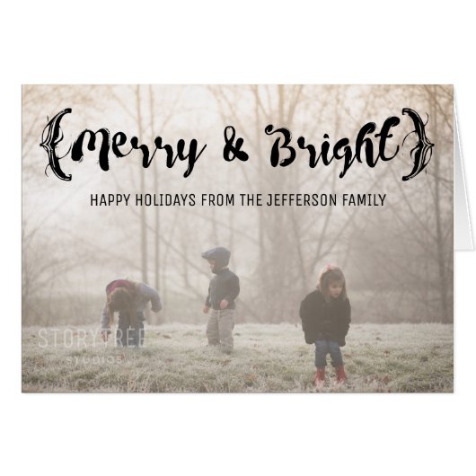 Ebony Elegant Sketched Merry & Bright Photo Cards (Front Horizontal)