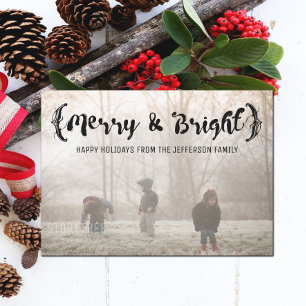 Ebony Elegant Sketched Merry & Bright Photo Holiday Card
