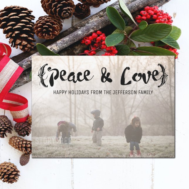 Ebony Elegant Sketched Peace & Love Holiday Photo Card (Ebony Elegant Sketched Peace and Love Holiday Photo Card)