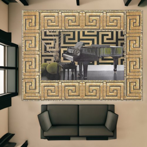 Ebony Grand Piano and Gold Greek Key Designer Area Rug