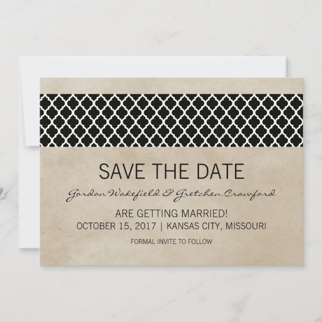 Ebony Rustic Quatrefoil Save the Date Invite (Front)