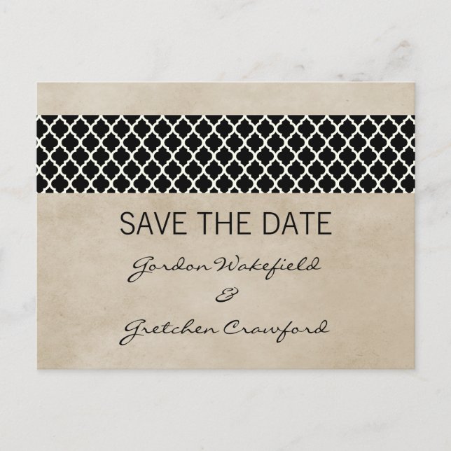 Ebony Rustic Quatrefoil Save the Date Postcard (Front)