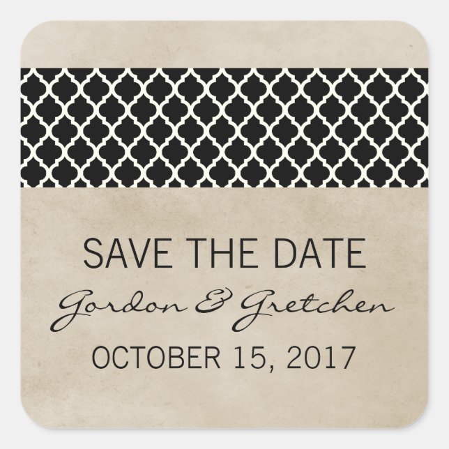 Ebony Rustic Quatrefoil Save the Date Stickers (Front)
