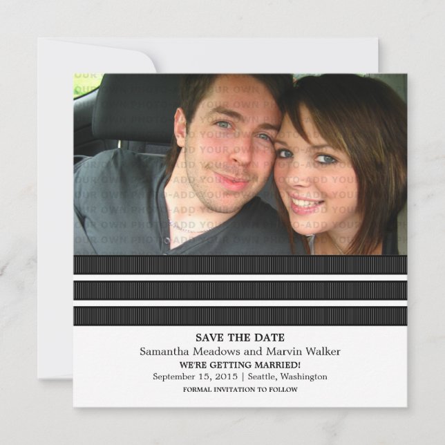 Ebony Triple Stripe Photo Save the Date Invite (Front)
