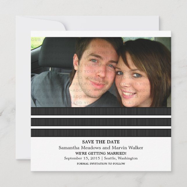 Ebony Triple Stripe Photo Save the Date Invite (Front)