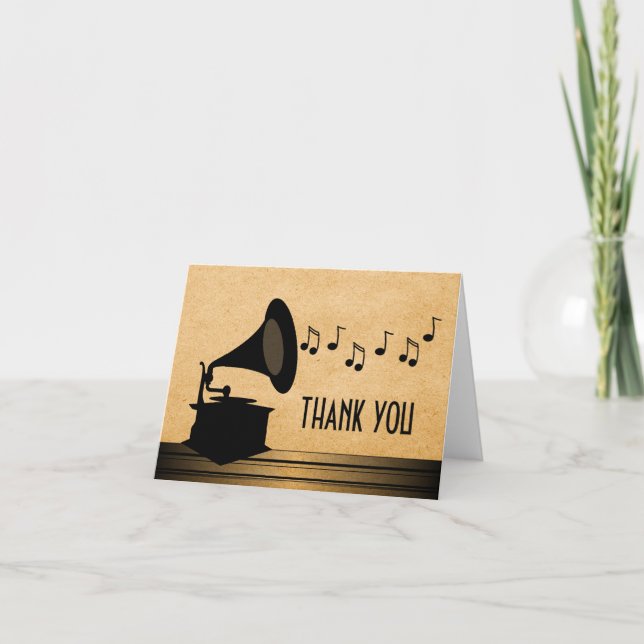 Ebony Vintage Gramophone Thank You Card (Front)