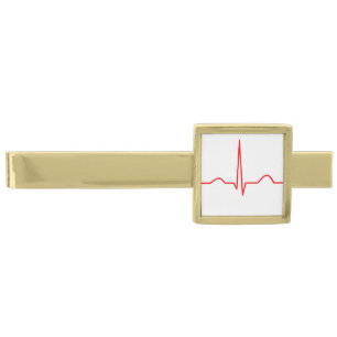 ECG or electrocardiogram of heart rhythm pattern Gold Finish Tie Clip