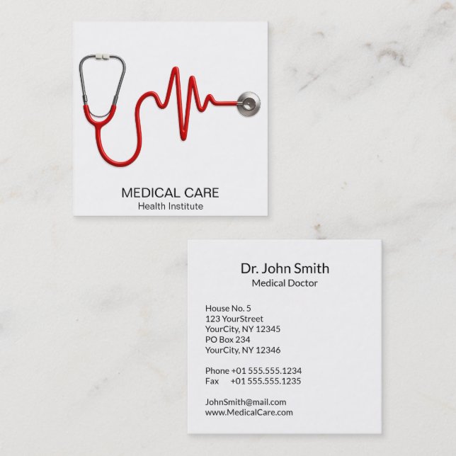 ECG Wave EKG Heartbeat Line Medical Stethoscope Square Business Card (Front/Back)