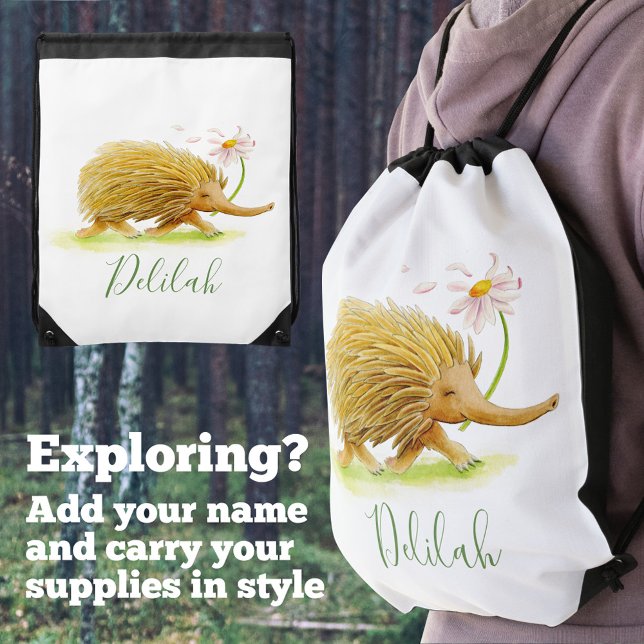 Echidna walking with a flower custom name drawstring bag (Creator Uploaded)