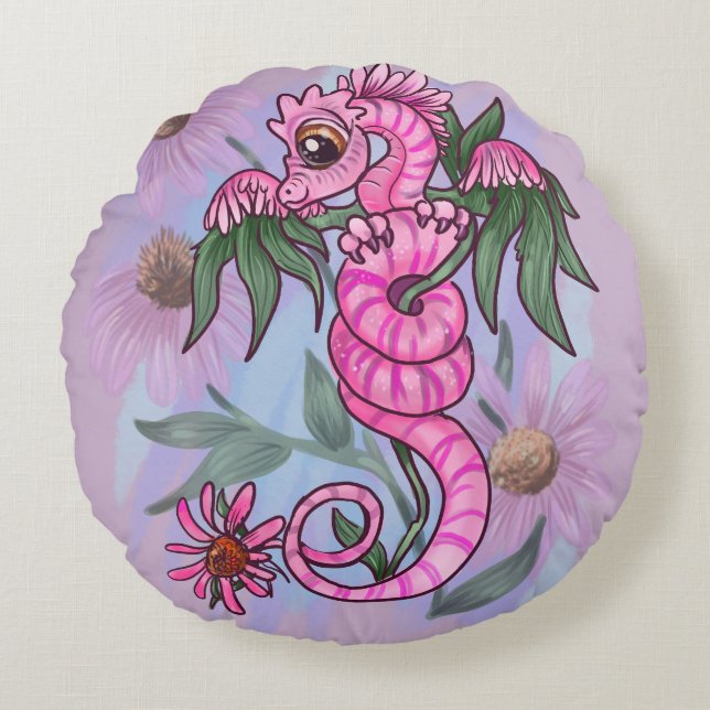 Echinacea flower lil' garden dragon round pillow (Front)