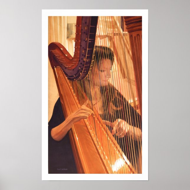 "Echo of Angels" Harp Player Watercolor Poster (Front)