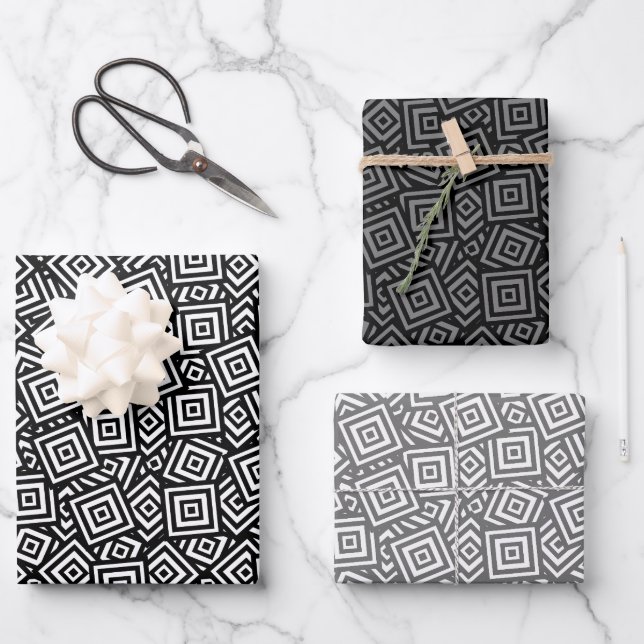 Echo Squares Grayscale Wrapping Paper Sheets (Front)