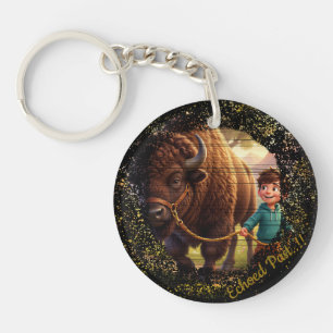 Echoed Past Whimsical Boy and Bison Custom Keychain
