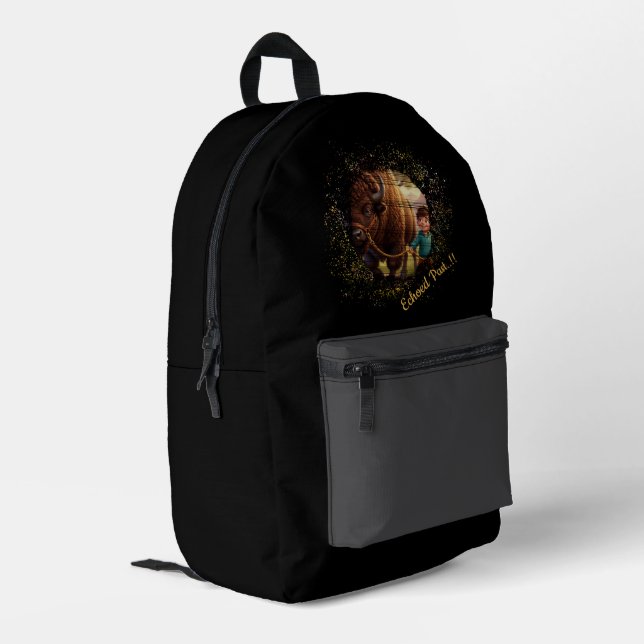 Echoed Past Whimsical Boy and Bison  Printed Backpack (Back Corner Left)