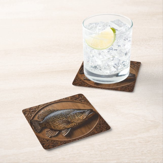 Echoes of the River: Murray Cod Wood Print,  Square Paper Coaster (Insitu)