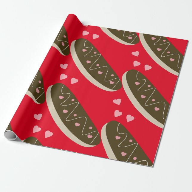  Eclair Donuts Valentine's Day  Hearts Red Wrapping Paper (Unrolled)