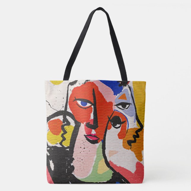 Eclectic Boho Bright Red Blue Yellow Face Illustra Tote Bag (Front)
