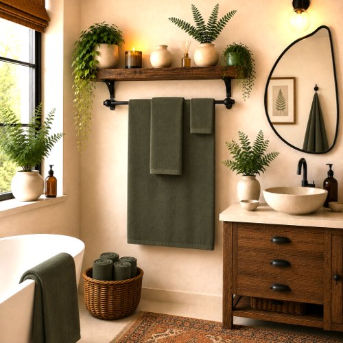 Eclectic Boho Dark Olive Charcoal Bath Towel Set