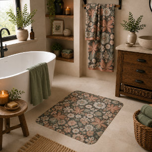 Eclectic Boho Terracotta Charcoal Botanical Floral Bath Mat